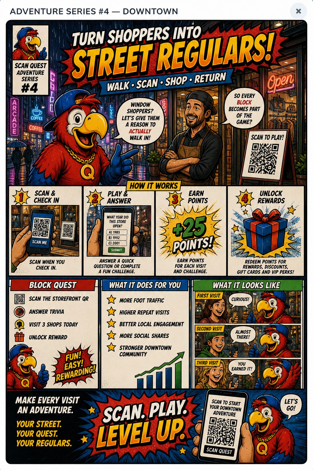 A comic-style example of a downtown Scan Quest
